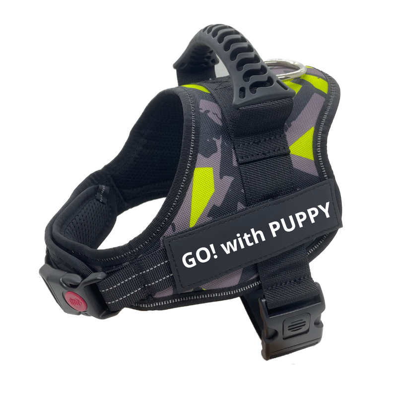 【広告商品 · 国内発送】GO! with PUPPY 名前入りハーネス 無料カスタム名札ラベル作成 ダブルロック式高性能ハーネス ひっぱり防止トレーニング 首に負担の少ない